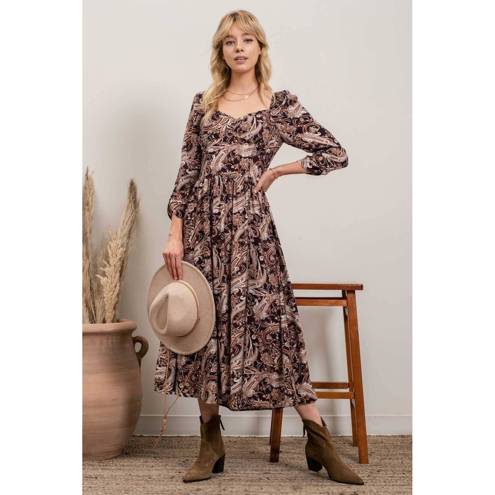 By The River Sweetheart Neckline Long Sleeve Paisley Print Midi Dress Size Large